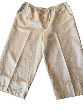 Womens Beige Capri Pants XL Elastic Waist Linen & Silk Blend Detail leg opening